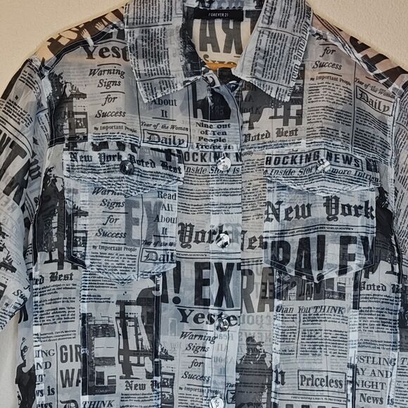 Forever 21 Shirt Womens Medium Black White Newsprint Button Up Sheer Blouse Top - Picture 2 of 12
